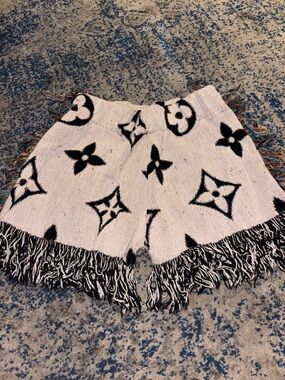 High-Waist Black & Cream Fringe Knit Women’s Shorts